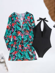 Black Halter Neck Monokini with Floral Beach Cover Up - Damesmode Afbeelding 7 - Miniatuur