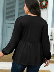Black Solid Color Bow Tie Front Long Sleeve Plus Size Peplum Blouse - Damesmode Afbeelding 2 - Miniatuur