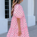 Pink Polka Dot Print V Neck Short Sleeve Tiered Mini Dress - Foto 5