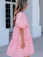 Pink Polka Dot Print V Neck Short Sleeve Tiered Mini Dress - Miniatuur