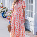 Pink Polka Dot Printed Ruffle Short Sleeve Zip Up Long Dress - Foto 5