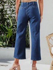 Jeans tagliati a vita alta a vita alta e gamba larga tagliati a vela blu - Miniatuur