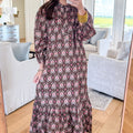Brown Floral Print Button Front Ruffle Hem Midi Dress - Damesmode Afbeelding 4 - Foto 4