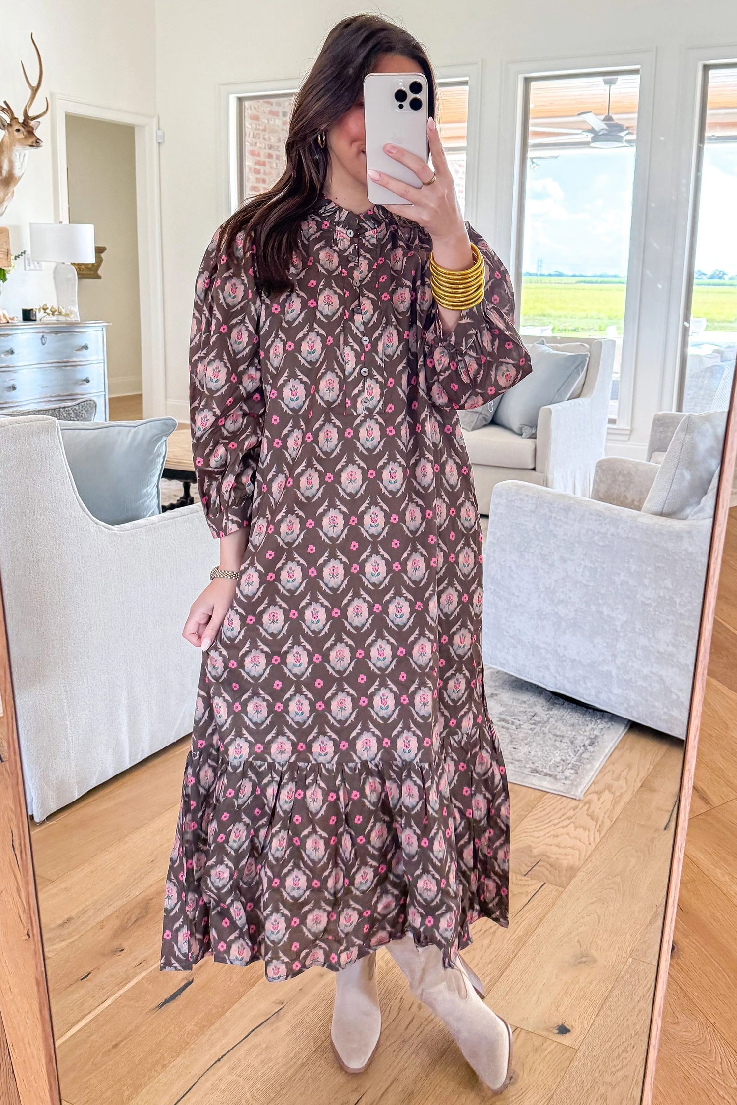 Brown Floral Print Button Front Ruffle Hem Midi Dress - Damesmode Afbeelding 4