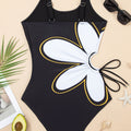 Black Drawstring Big Hole Floral Print Sleeveless One Piece Swimsuit - Damesmode Afbeelding 6 - Foto 6