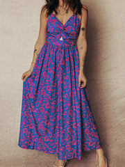 Robe Maxi dorsal sans dos à motif floral bleu à col torsadé en V - Damesmode Afbeelding 3 - Miniatuur