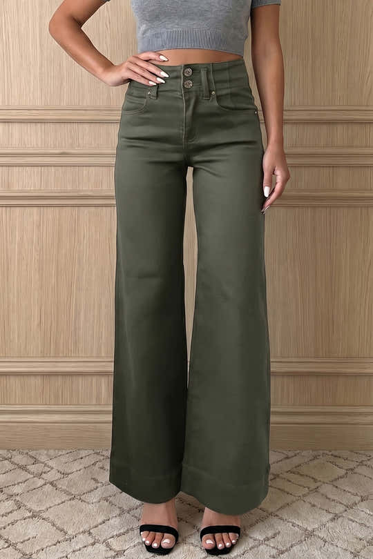 Jeans Mist Green à taille haute à 2 boutons et jambes larges