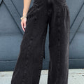 Dark Grey Pleated Wide Leg Mineral Wash Denim Pants - Foto 1