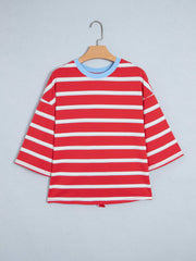 Racing Red Striped Bow Tie Hollowed Back 7/8 Sleeve Casual T-Shirt - Miniatuur