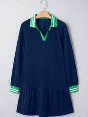 Navy Blue Contrast Striped Cuffs Polo Collar Patchwork Long Sleeve Ruffle Hem Mini Dress - Miniatuur