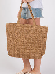 Sac fourre-tout d’été tissé en paille de couleur unie Camel - Miniatuur