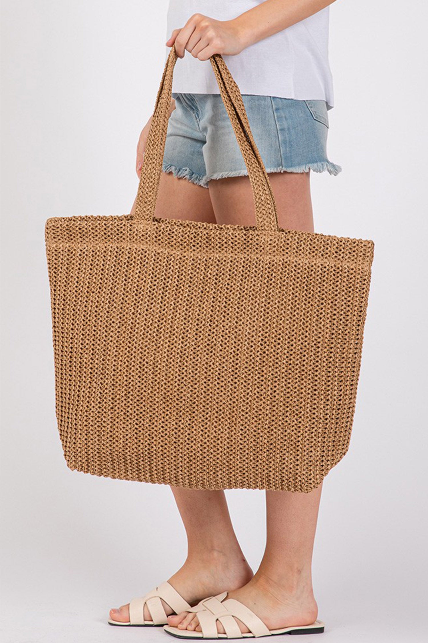 Camel Einfarbige Stroh-Webung Sommerstrand-Tote-Tasche