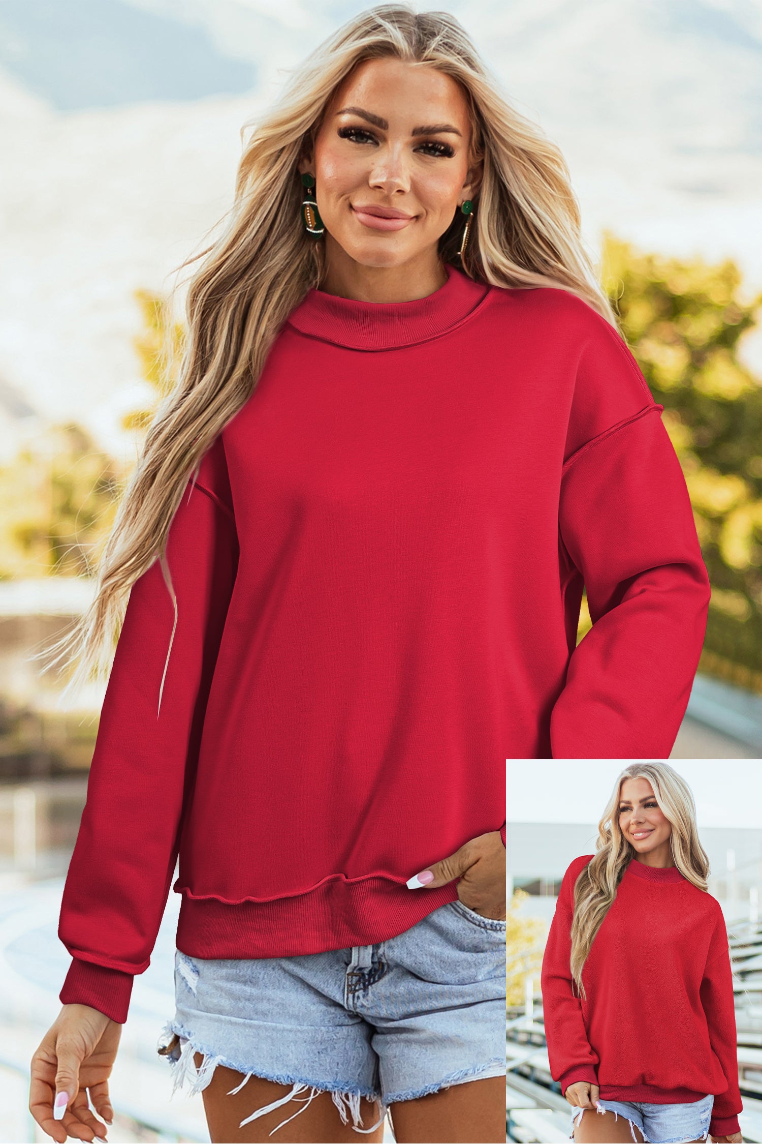 Sweat-shirt bleu foncé oversize, épaule tombante et réversible, col montant,