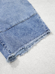 Sky Blue Striped Paisley Mixed Patchwork Raw Hem Denim Shorts - Miniatuur
