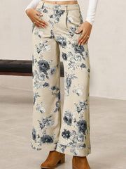Beige Retro Floral Print Turn-up Cuffed Hem Loose Jeans - Damesmode Afbeelding 3 - Miniatuur
