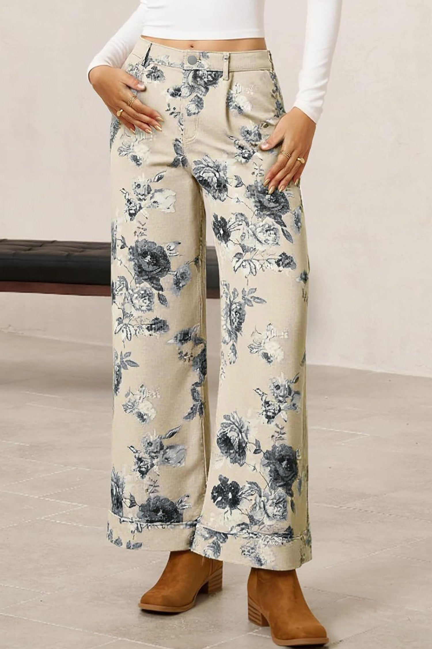 Beige Retro Floral Print Turn-up Cuffed Hem Loose Jeans - Damesmode Afbeelding 3