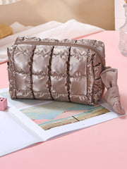 Sac de maquillage en nylon matelassé couleur unie café - Miniatuur