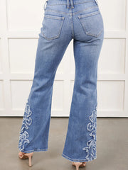 Ashleigh Blue Sticked Western Print Flare-Jeans in voller Länge – Damesmode Afbeelding 2 - Miniatuur