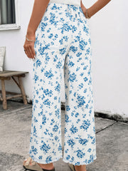 Jeans à motif floral bleu ciel, taille à cravate, jambe droite - Miniatuur