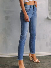 Sky Blue Double Button Raw Hem Slim Fit Jeans - Miniatuur