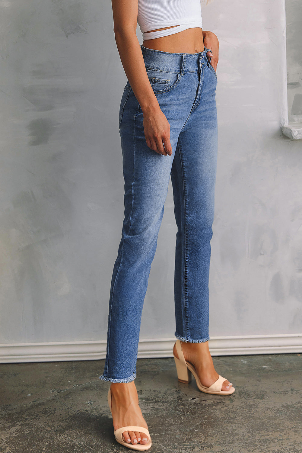 Himmelblå dobbeltknappede Rå Kant Slim Fit Jeans