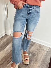 Myosotis Rohsaum, aufgerissene Knie-Passform-Flare-Jeans - Miniatuur