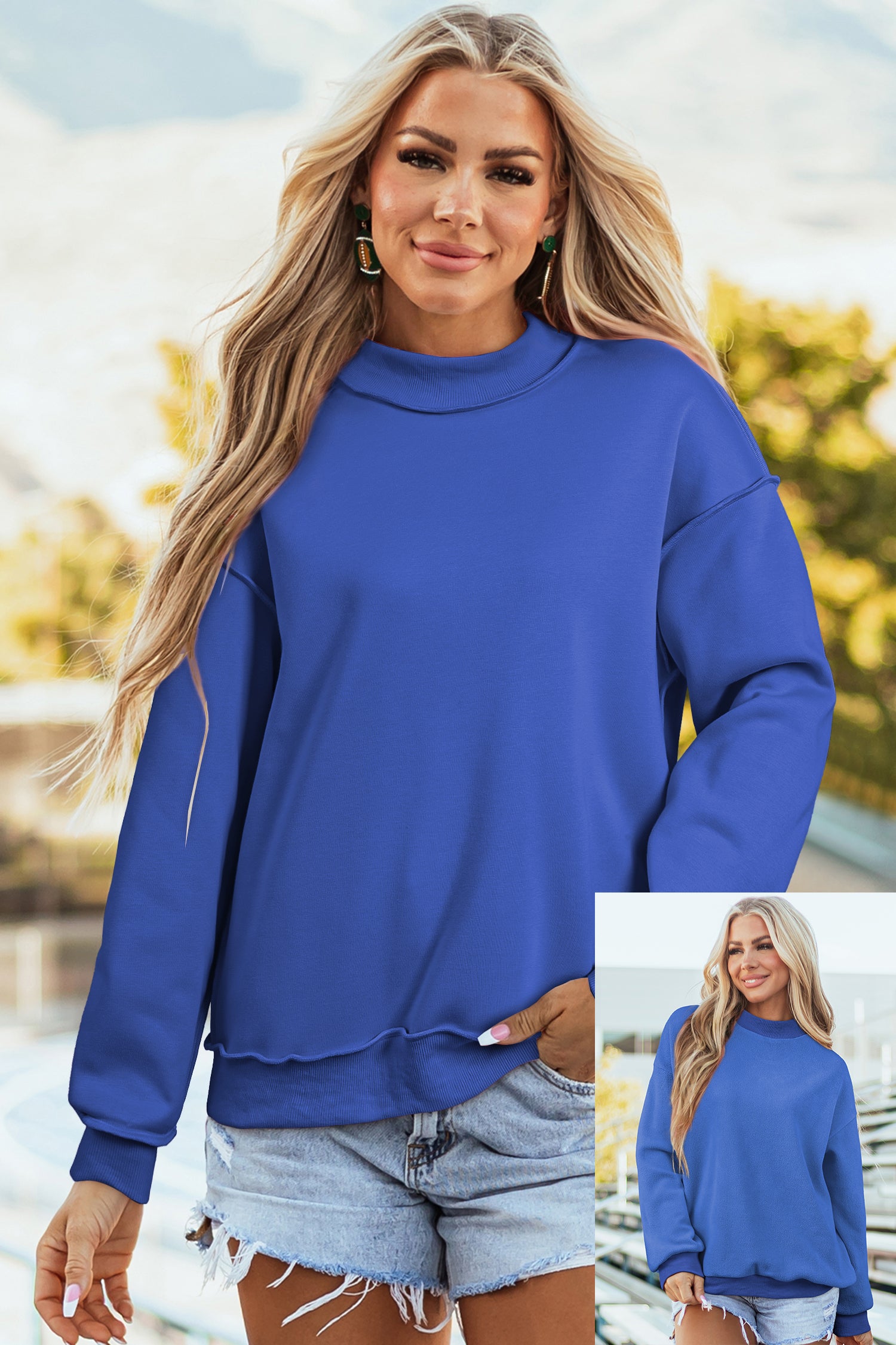 Sweat-shirt bleu foncé oversize, épaule tombante et réversible, col montant,