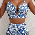 Blue Floral Print Hardware Accent Notched Neck High Waist Bikini Set - Damesmode Afbeelding 2 - Foto 2
