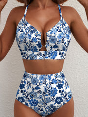 Set bikini a vita alta con accento con stampa floreale blu - Damesmode Afbeelding 2 - Miniatuur