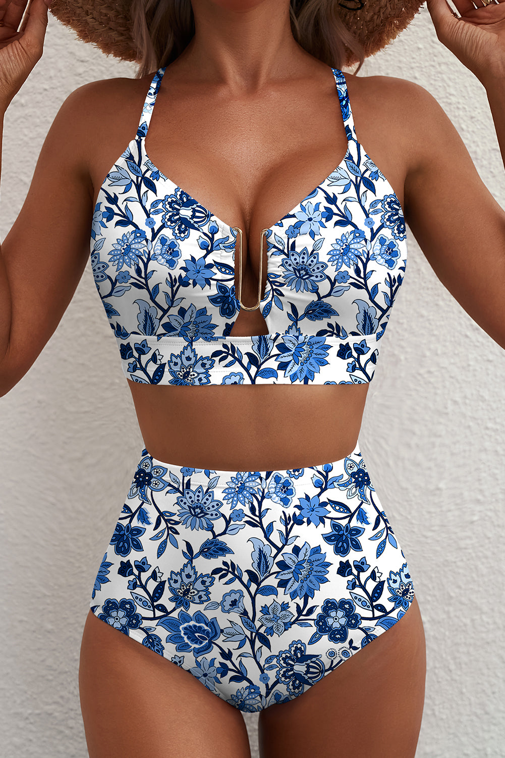 Ensemble bikini taille haute à encolure à encoche imprimé bleu - Damesmode Afbeelding 2