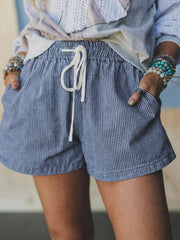 Rosa Streifen mit Kordelzug und elastischer Taille legere Jeansshorts - Miniatuur