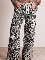 Chaki-Leopardenmuster Kordelzug-Taillen-Jeans mit geradem Beine - Miniatuur