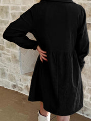 Black Corduroy Half Button Collared Long Sleeve Mini Dress - Damesmode Afbeelding 2 - Miniatuur