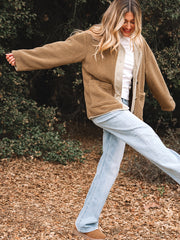 Light French Beige Puffy Plush Corduroy Edge Patchwork Jacket with Big Pockets - Miniatuur