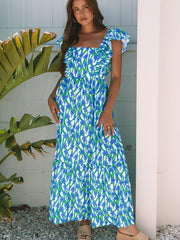 Maxi Dress rosa a scollo quadrato con spalline e volant con stampa floreale rosa - Miniatuur