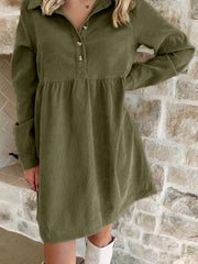 Black Corduroy Half Button Collared Long Sleeve Mini Dress - Damesmode Afbeelding 7 - Miniatuur