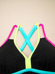 Schwarzes Blumen-Strukturiertes Neon-Trim V-Ausschnitt mit gekreuztem Rückenlos-Tankini-Set – Damesmode Afbeelding 6 - Miniatuur
