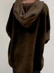 Dark Brown Button Up Contrast Knitted Sleeves Hooded Jacket - Miniatuur