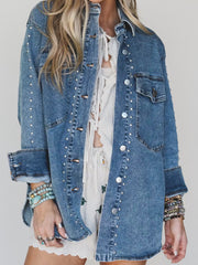 Chaqueta vaquera de manga larga estilo western, ajuste regular y remaches azul vela adornados - Miniatuur