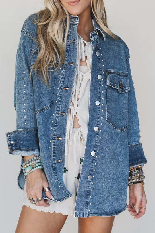 Chaqueta vaquera de manga larga estilo western, ajuste regular y remaches azul vela adornados
