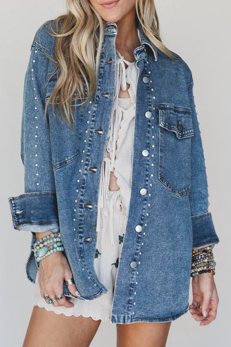Sail Blue Rivet Embellished Western Style Regular Fit Long Sleeve Denim Jacket - Damesmode