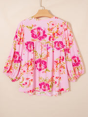 Bluse mit rosa Blumenmuster mit Krawattenausschnitt und Puff-Halbärmelbluse - Miniatuur