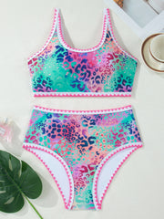 Pink Leopard Ricrac Trim Square Neck High Waist Bikinich - Miniatuur