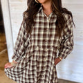 Brown Plaid Long Sleeve Short Shift Mini Dress - Damesmode Afbeelding 6 - Foto 6