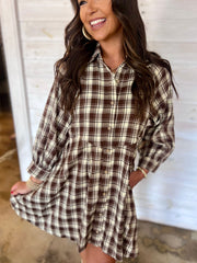 Brown Plaid Long Sleeve Short Shift Mini Dress - Damesmode Afbeelding 6 - Miniatuur