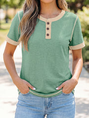 Light Grey Raw Seam Color Block Detail Buttoned Henley Tee - Miniatuur
