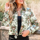 Khaki Floral Print Zip Up Contrast Collared Jacket - Thumbnail