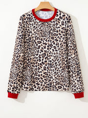 Brown Leopard Print Contrast Trim Round Neck Long Sleeve Top - Women's Fashion Image 8 - Miniatuur