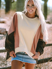 Beige, übergroßer Farbblock Patchwork High Low Hoodie – Damesmode Afbeelding 1 - Miniatuur