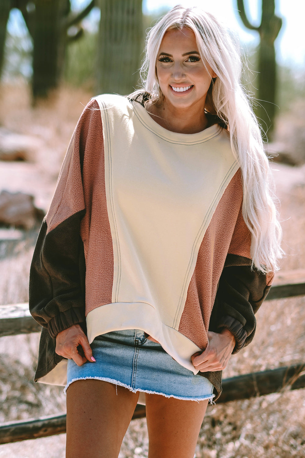 Beige Oversized Color Block Patchwork High Low Hoodie - Damesmode Afbeelding 1